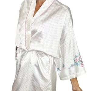 Vintage Linda Bis white satin pink polka dot kimono robe jacket OS